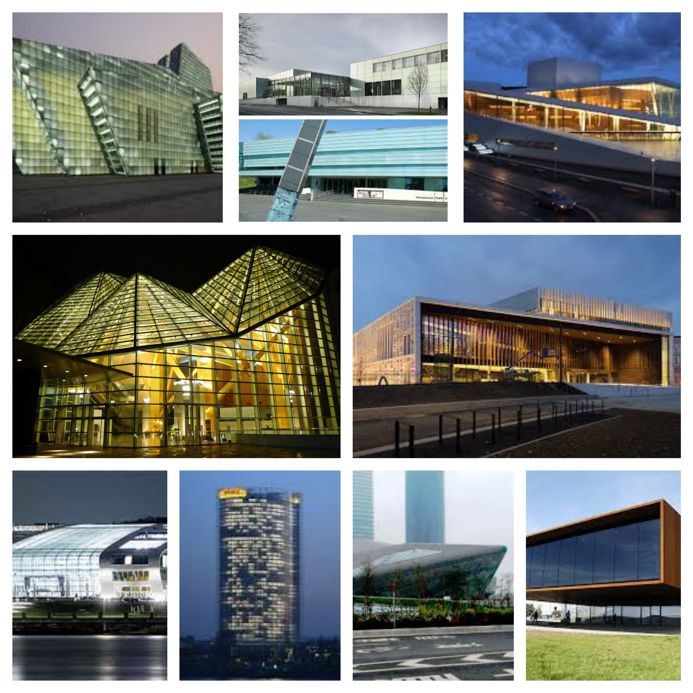 Diese Collage zeigt realisierte Bauten der Architektenbros, die am Wettbewerb fr das Beethoven-Festspielhaus teilnehmen